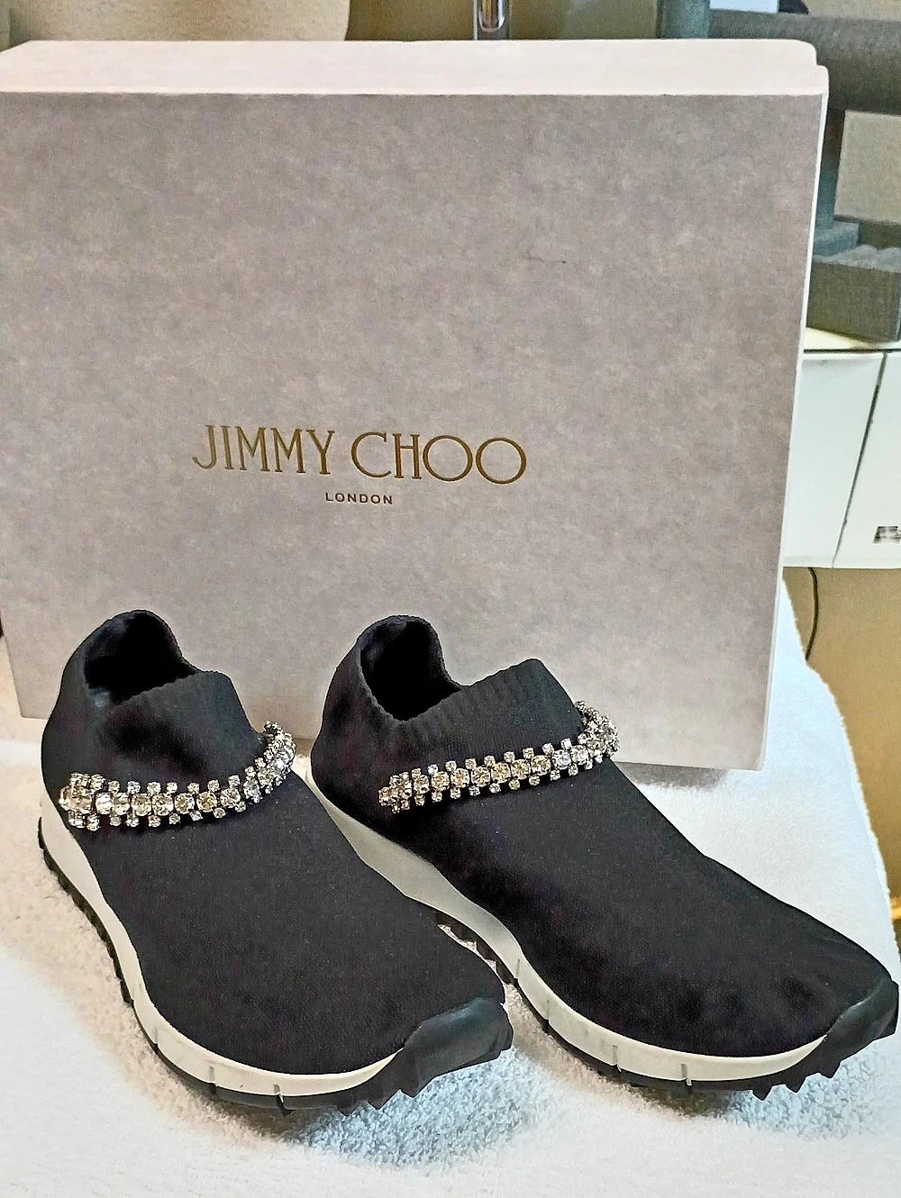 Jimmy Choo Torri Crystal-Embellished Knit Sock Sneakers Black & White